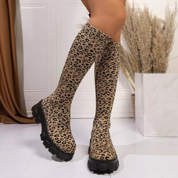 Leopard Chunky Platform Knee High Boots - Picture 5 of 11